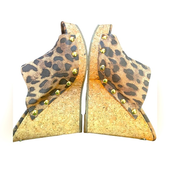 MK Michael Kors Belinda leopard print cork slide wedge  heels gold studs SZ 6.5 - Picture 6 of 8